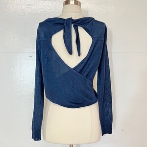 Mango Open Back Cross Tie Cropped Top Shirt Metallic Simmer Navy Blue